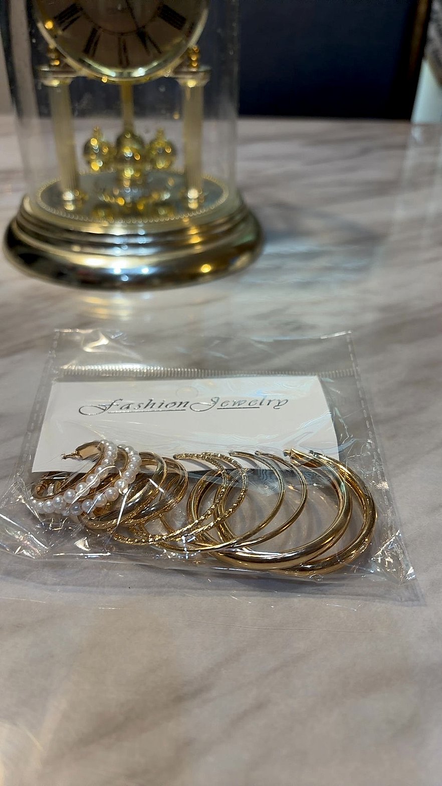 Gold-Tone Hoop Earring Set (5 Pairs) with Faux Pearl, Textured & Smooth Hoops