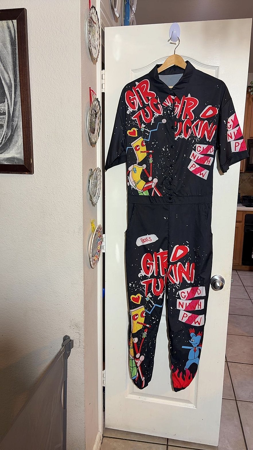 Graphic Print Short-Sleeve Coverall Jumpsuit with Cartoon/Graffiti Art