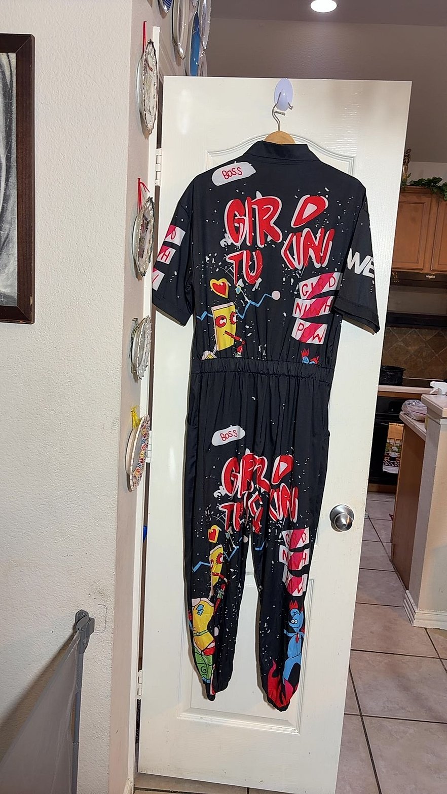 Graphic Print Short-Sleeve Coverall Jumpsuit with Cartoon/Graffiti Art