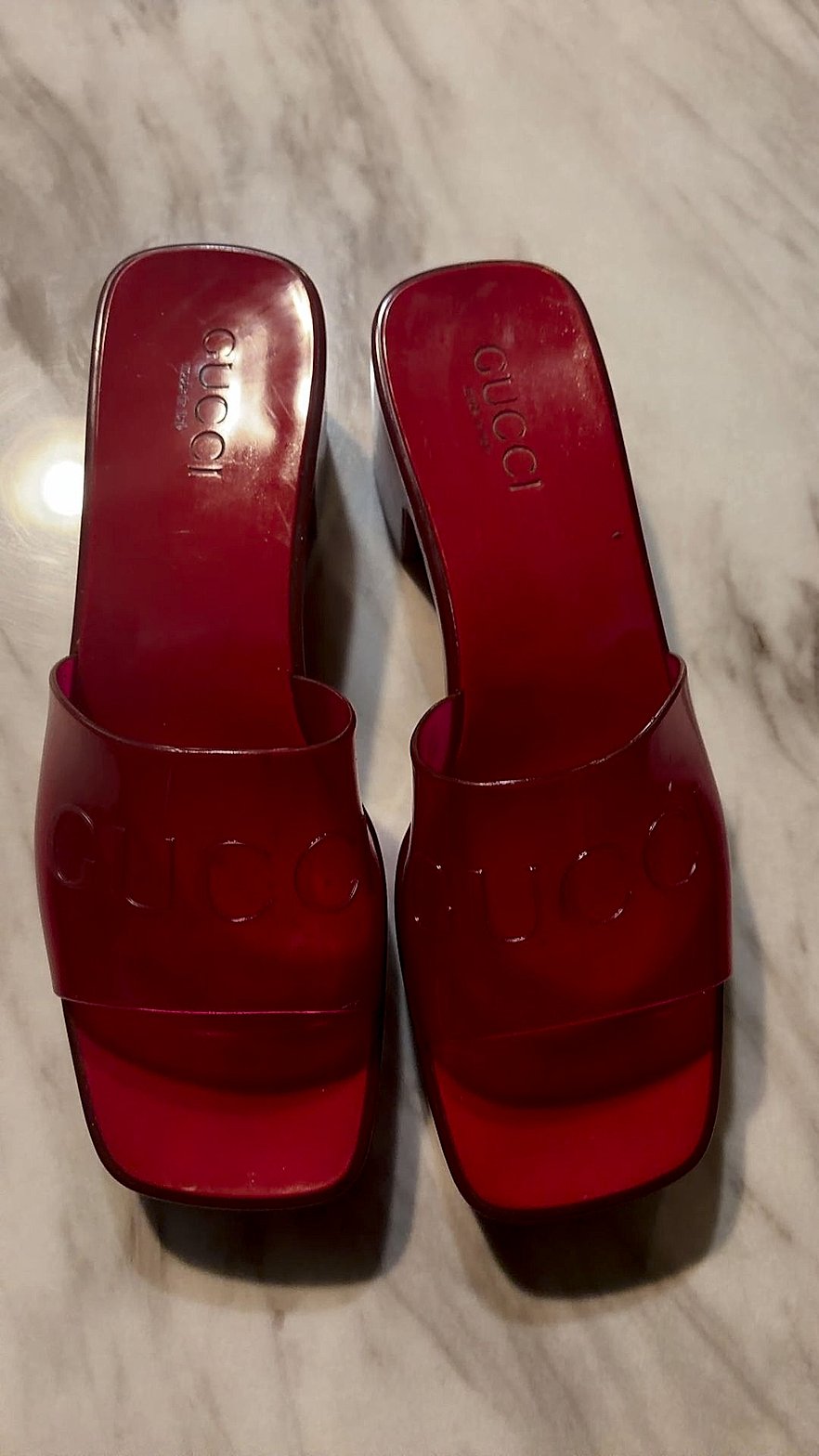 Gucci Red Rubber Jelly Slide Sandals with Embossed Logo