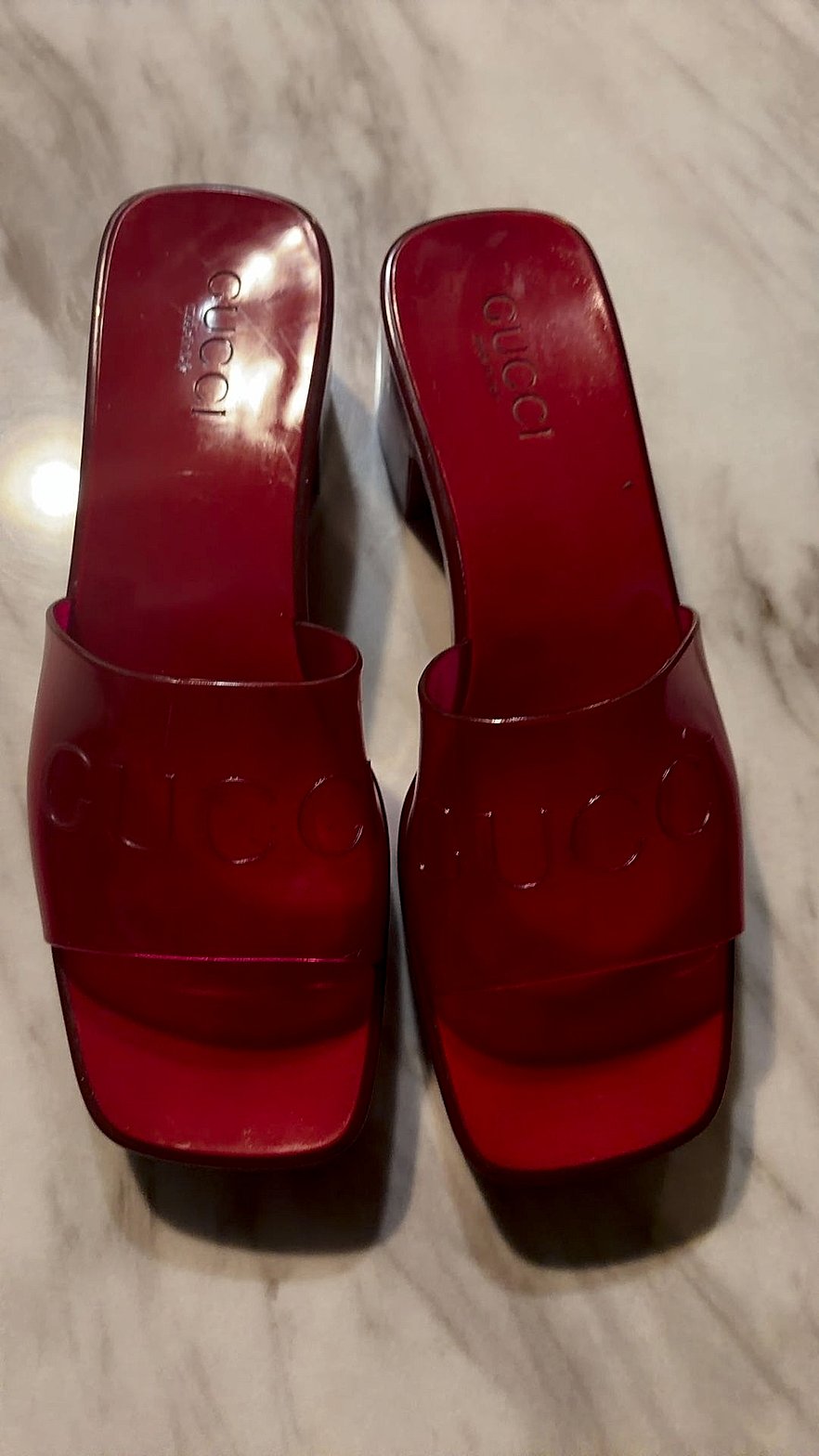 Gucci Red Rubber Jelly Slide Sandals with Embossed Logo