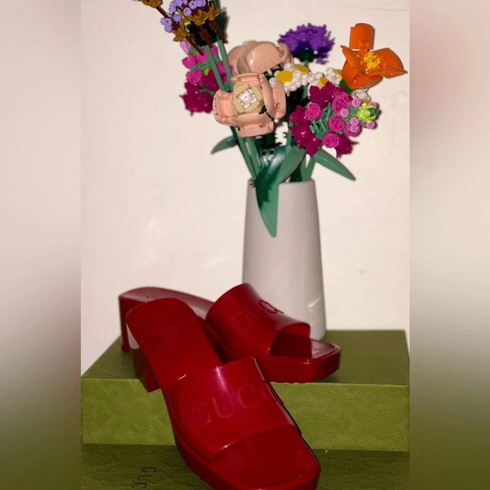 Gucci Red Rubber Jelly Slide Sandals with Embossed Logo
