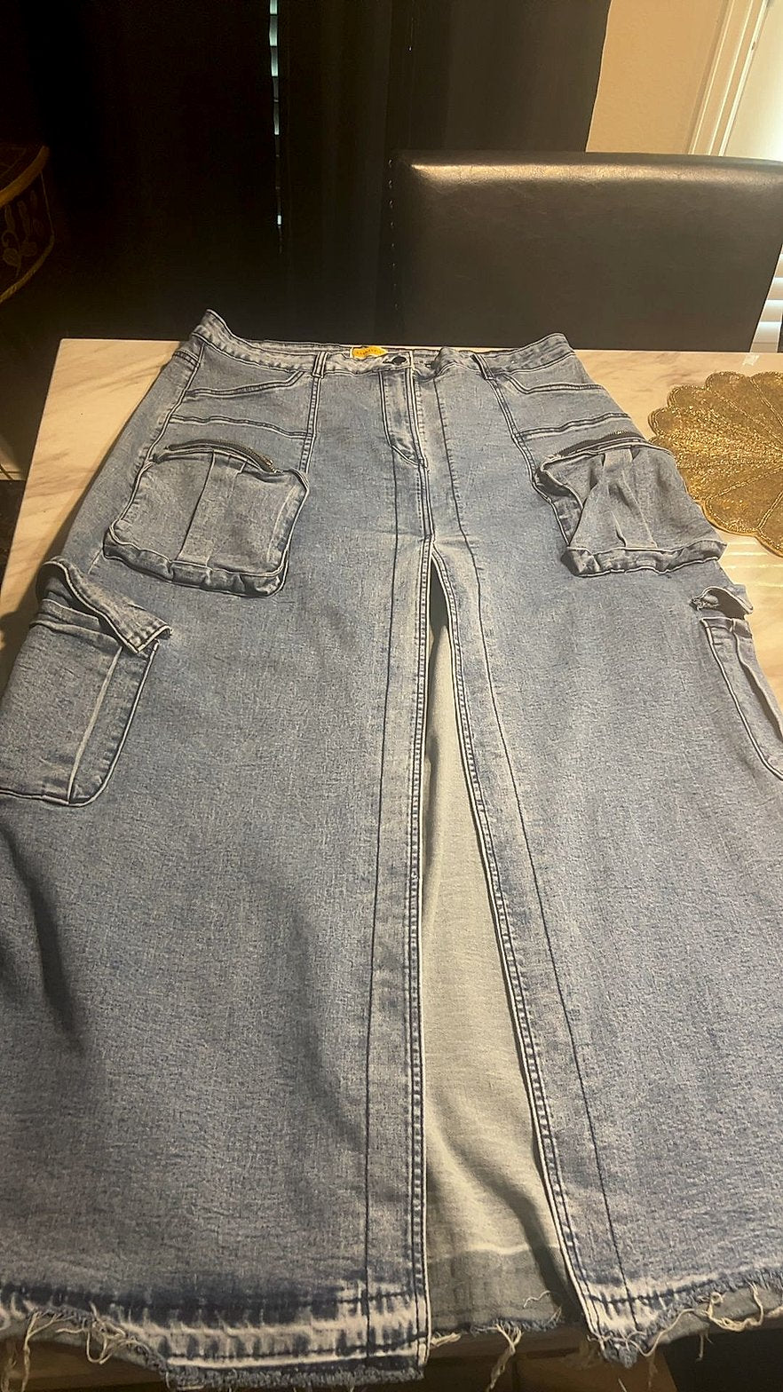 Highlight Denim Cargo Maxi Skirt with Front Slit