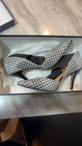 Houndstooth Pointed-Toe D'Orsay Pumps with Elastic Cross-Strap