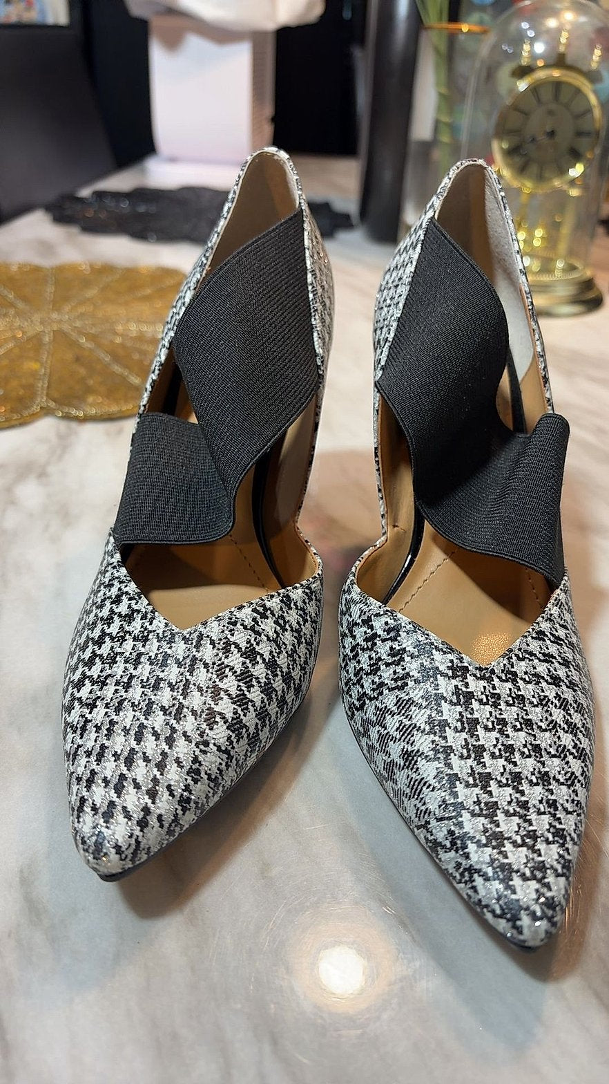 Houndstooth Pointed-Toe D'Orsay Pumps with Elastic Cross-Strap
