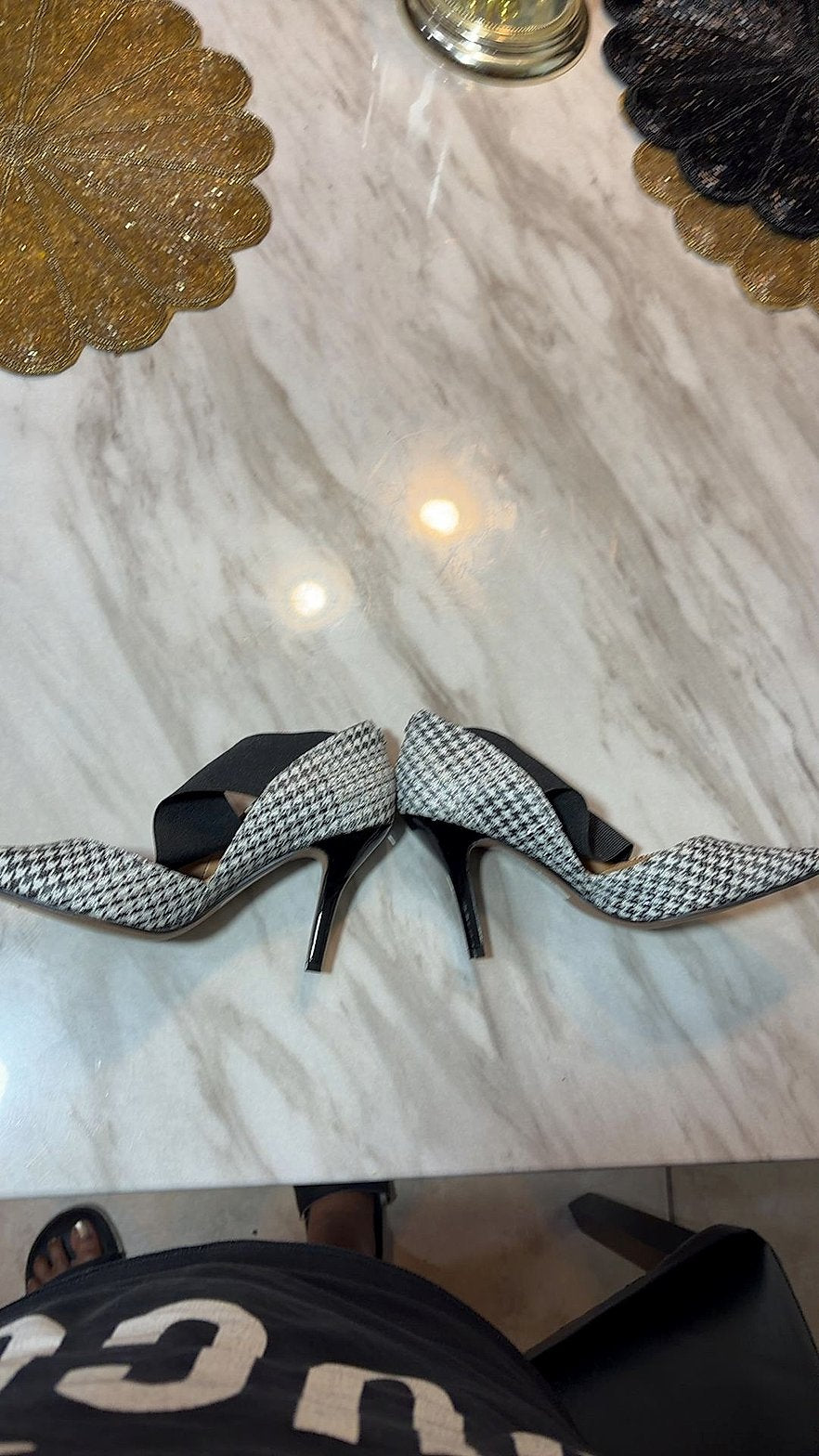 Houndstooth Pointed-Toe D'Orsay Pumps with Elastic Cross-Strap