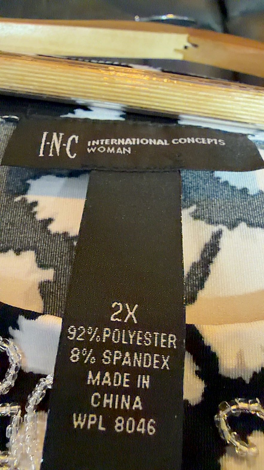 INC International Concepts Woman Black & White Ikat Floral Beaded Tunic Top, Size 2X