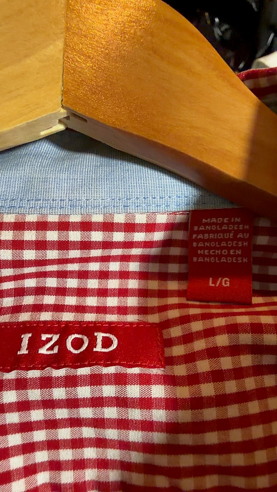 IZOD Men's Red Gingham Check Long-Sleeve Button-Down Shirt, Size L