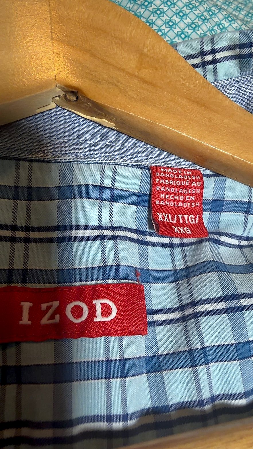 IZOD Men's Short Sleeve Button-Down Plaid Shirt, Light Blue/Navy Check, Size XXL
