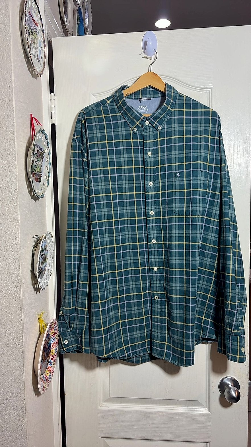 IZOD Saltwater Relaxed Classics Men's Green Plaid Long-Sleeve Shirt XXL