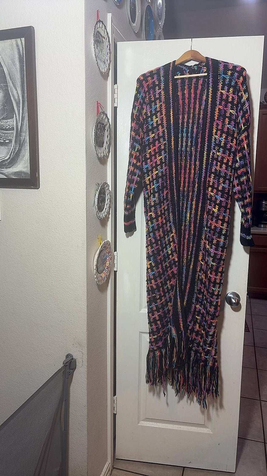 Impulsive Rainbow Multicolor Chunky Knit Fringe Duster Cardigan