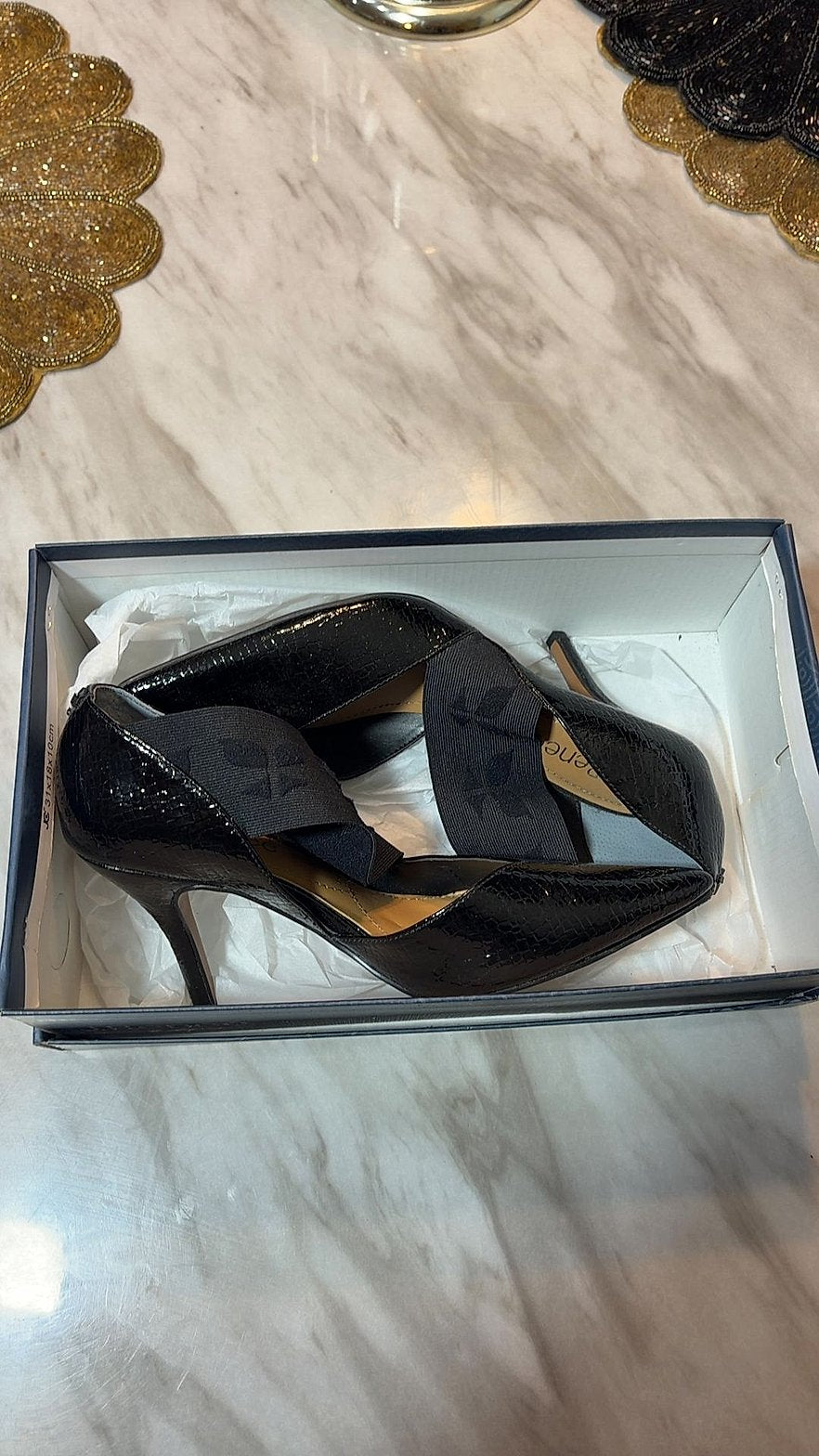 J.Renée Black Reptile-Embossed Patent Cross-Strap Pointed-Toe Pumps