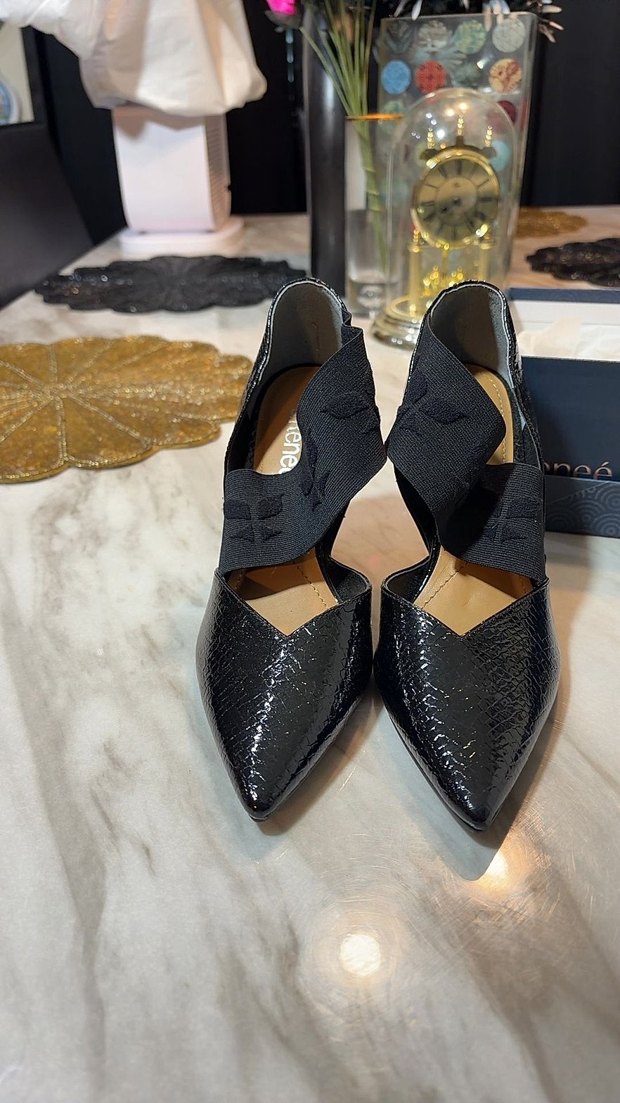 J.Renée Black Reptile-Embossed Patent Cross-Strap Pointed-Toe Pumps