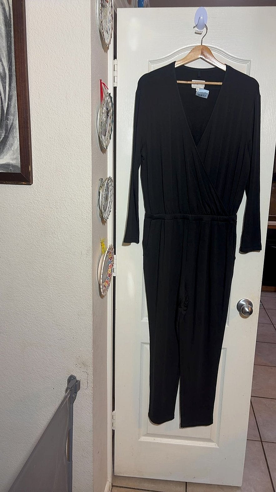J. Jill Signature Soft Black Faux-Wrap Long-Sleeve Jumpsuit, Size L