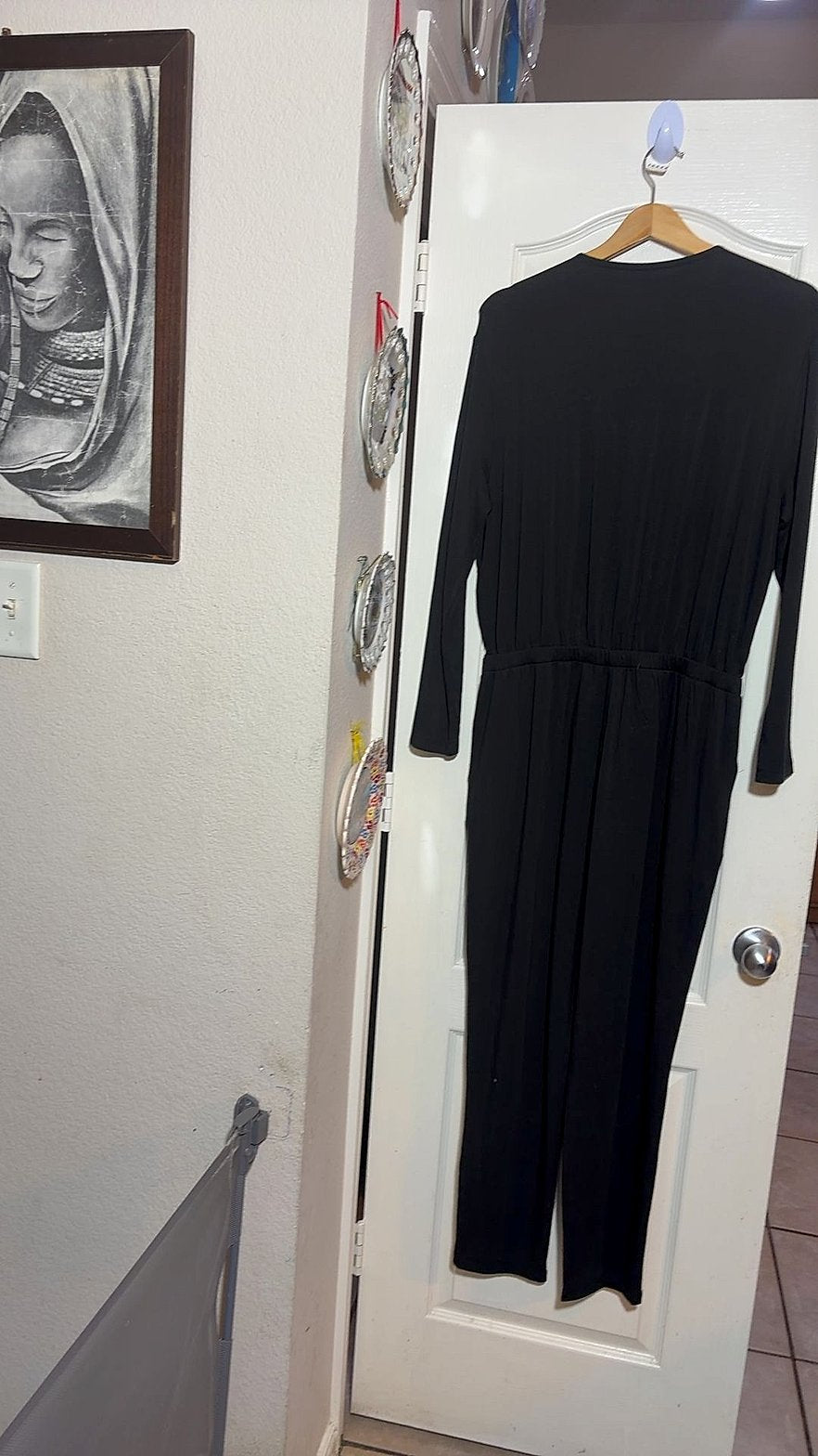 J. Jill Signature Soft Black Faux-Wrap Long-Sleeve Jumpsuit, Size L
