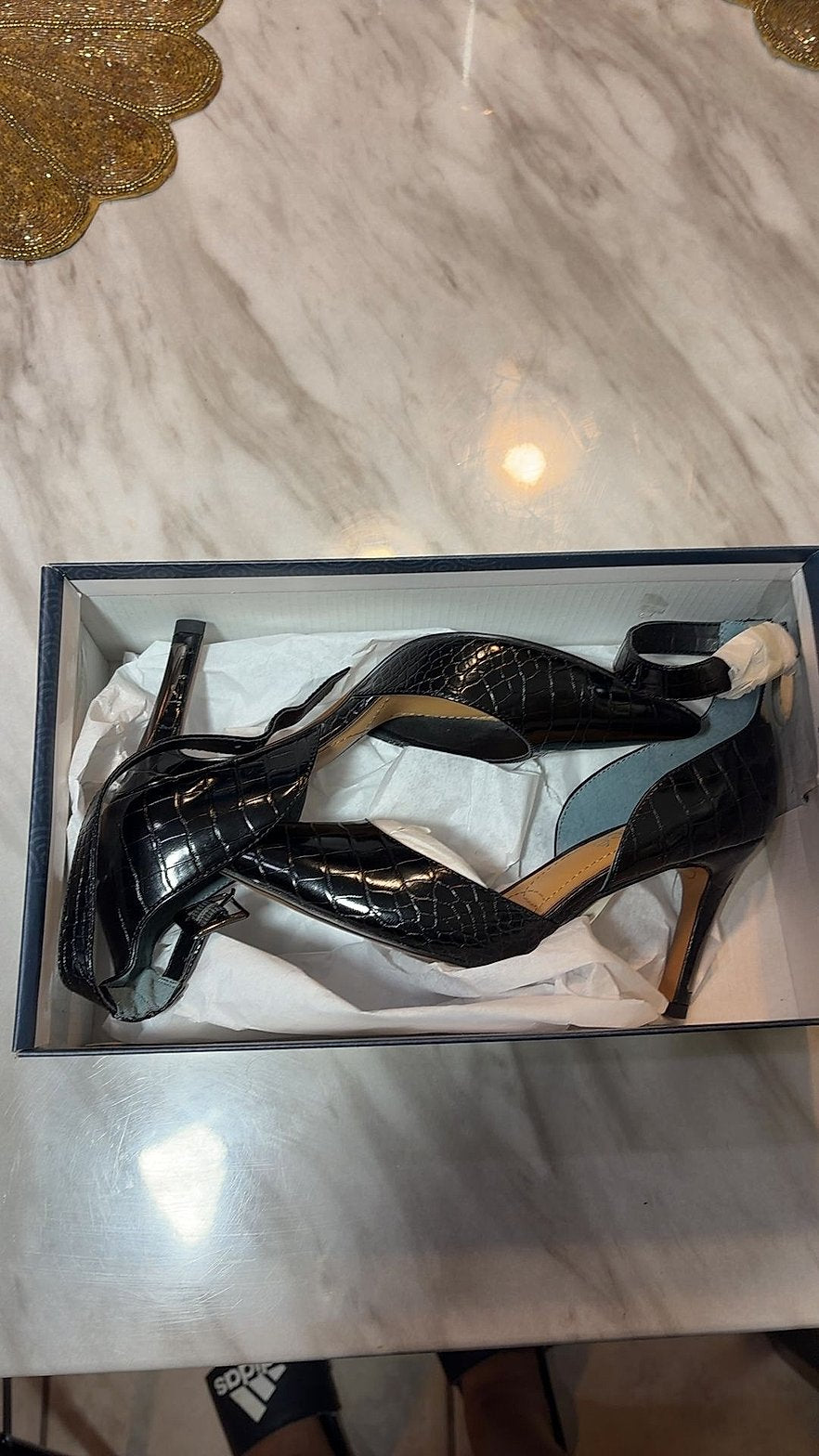 J. Renee Black Croc-Embossed Pointed-Toe Ankle Strap Pumps, Size 7M