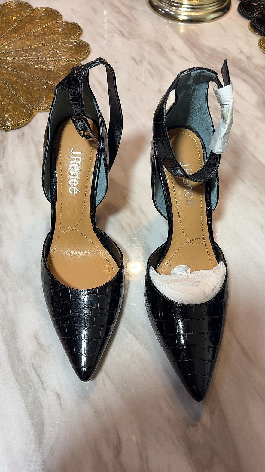 J. Renee Black Croc-Embossed Pointed-Toe Ankle Strap Pumps, Size 7M