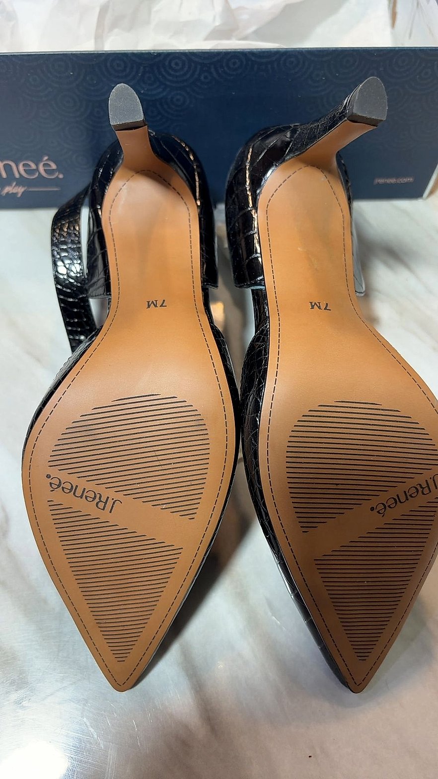 J. Renee Black Croc-Embossed Pointed-Toe Ankle Strap Pumps, Size 7M