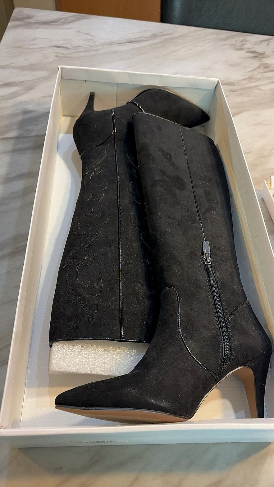 J. Renee Black Faux Suede Pointed-Toe Tall Knee-High Stiletto Boots with Western Embroidery