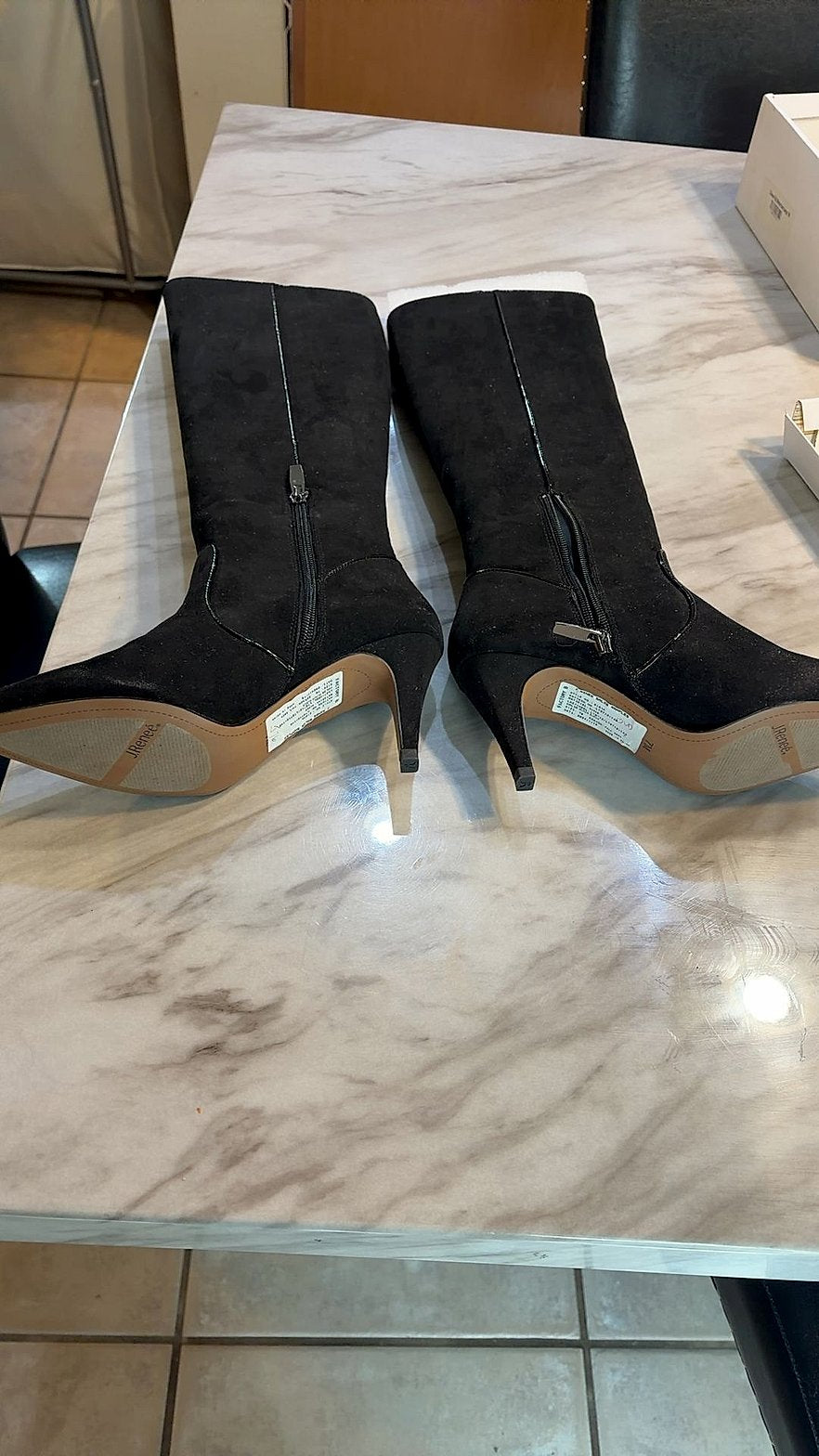 J. Renee Black Faux Suede Pointed-Toe Tall Knee-High Stiletto Boots with Western Embroidery