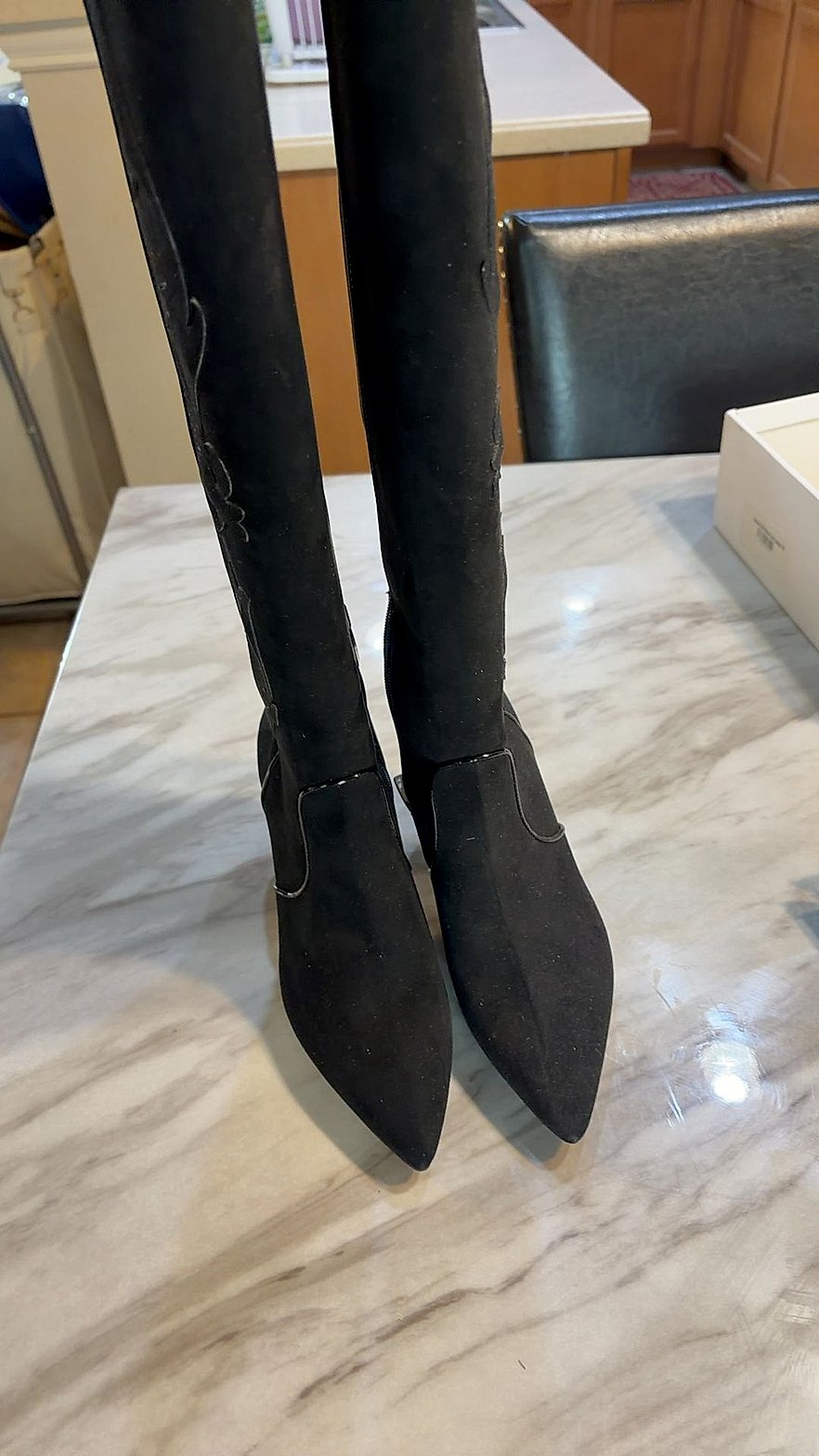 J. Renee Black Faux Suede Pointed-Toe Tall Knee-High Stiletto Boots with Western Embroidery