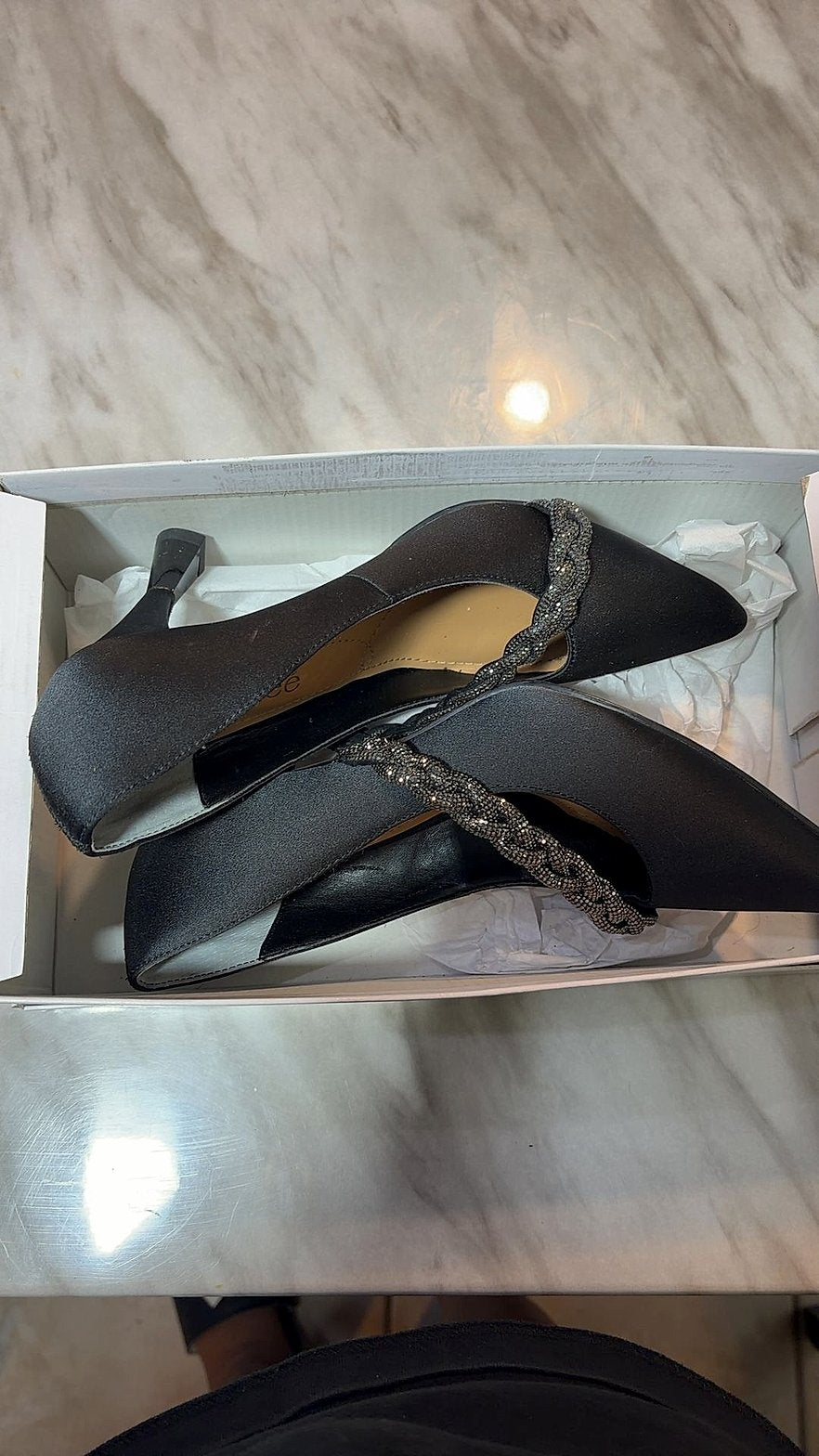 J. Renee Black Satin Pointed-Toe Pumps with Beaded Braided Strap, Size 7M