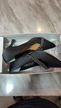 J. Renee Black Satin Pointed-Toe Pumps with Beaded Braided Strap, Size 7M
