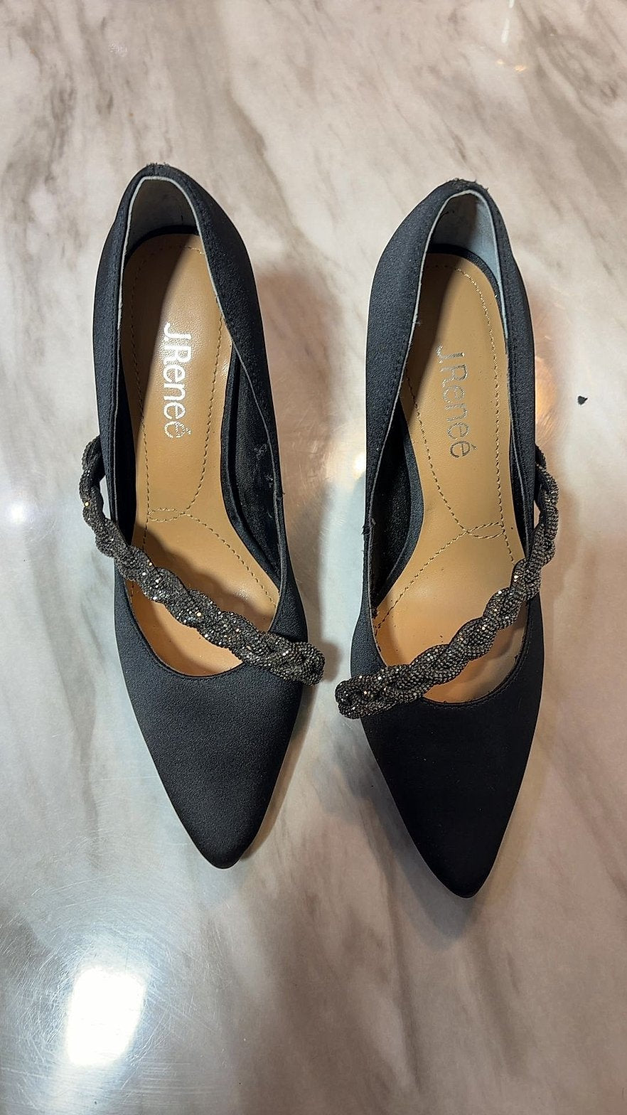 J. Renee Black Satin Pointed-Toe Pumps with Beaded Braided Strap, Size 7M