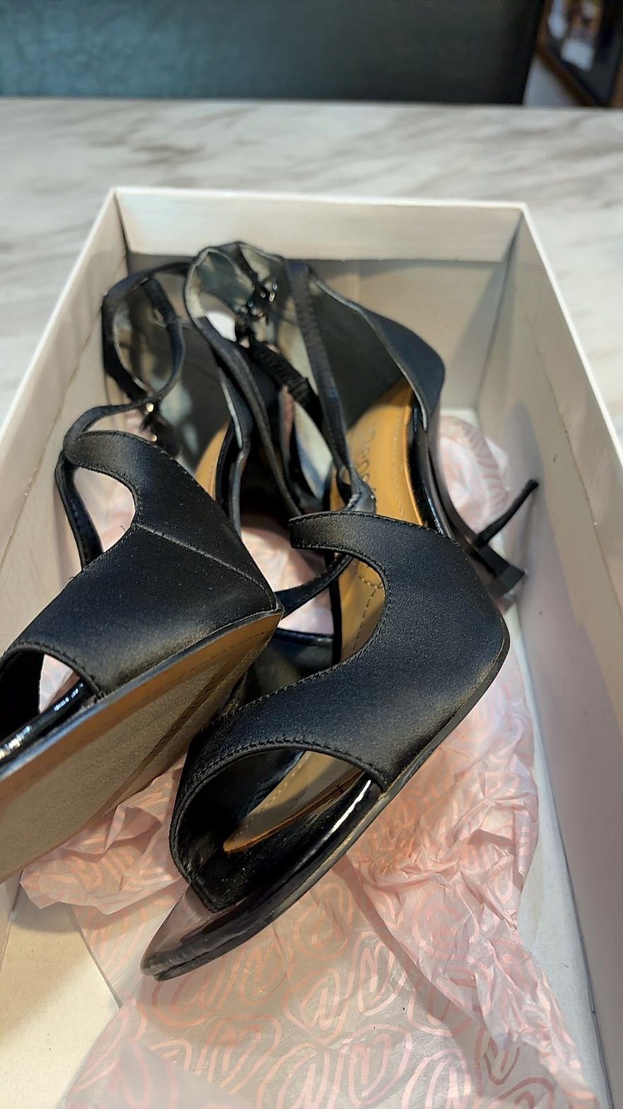 J. Renee Black Satin & Patent Leather Strappy Wedge Sandals, Size 7M (Factory Sample)