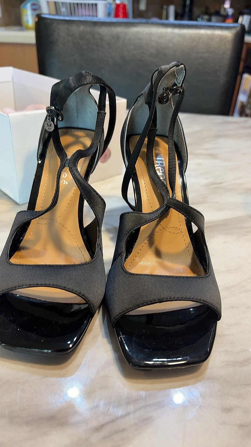 J. Renee Black Satin & Patent Leather Strappy Wedge Sandals, Size 7M (Factory Sample)