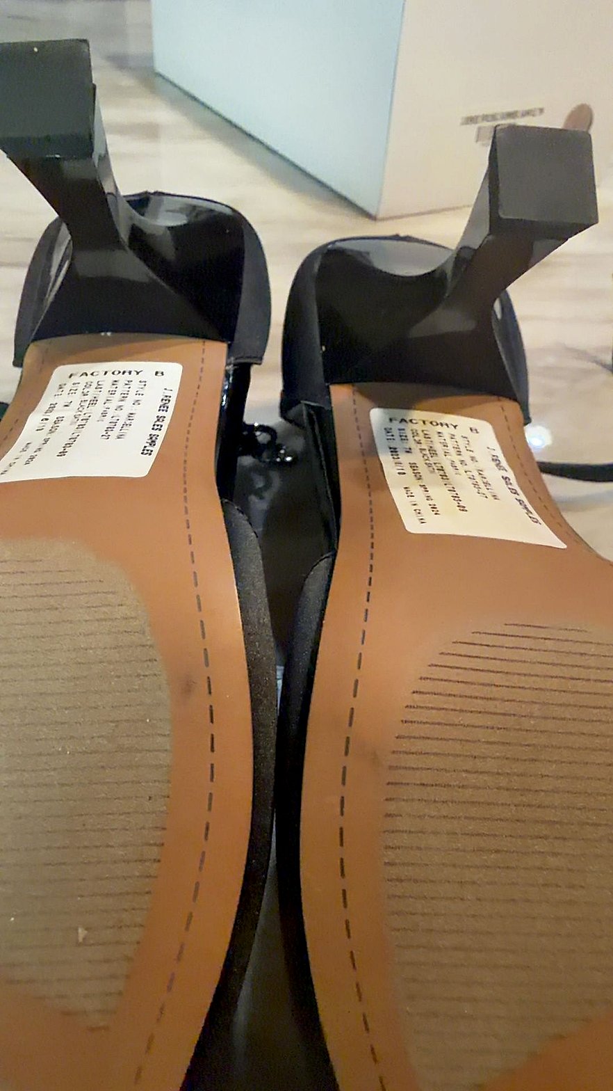 J. Renee Black Satin & Patent Leather Strappy Wedge Sandals, Size 7M (Factory Sample)