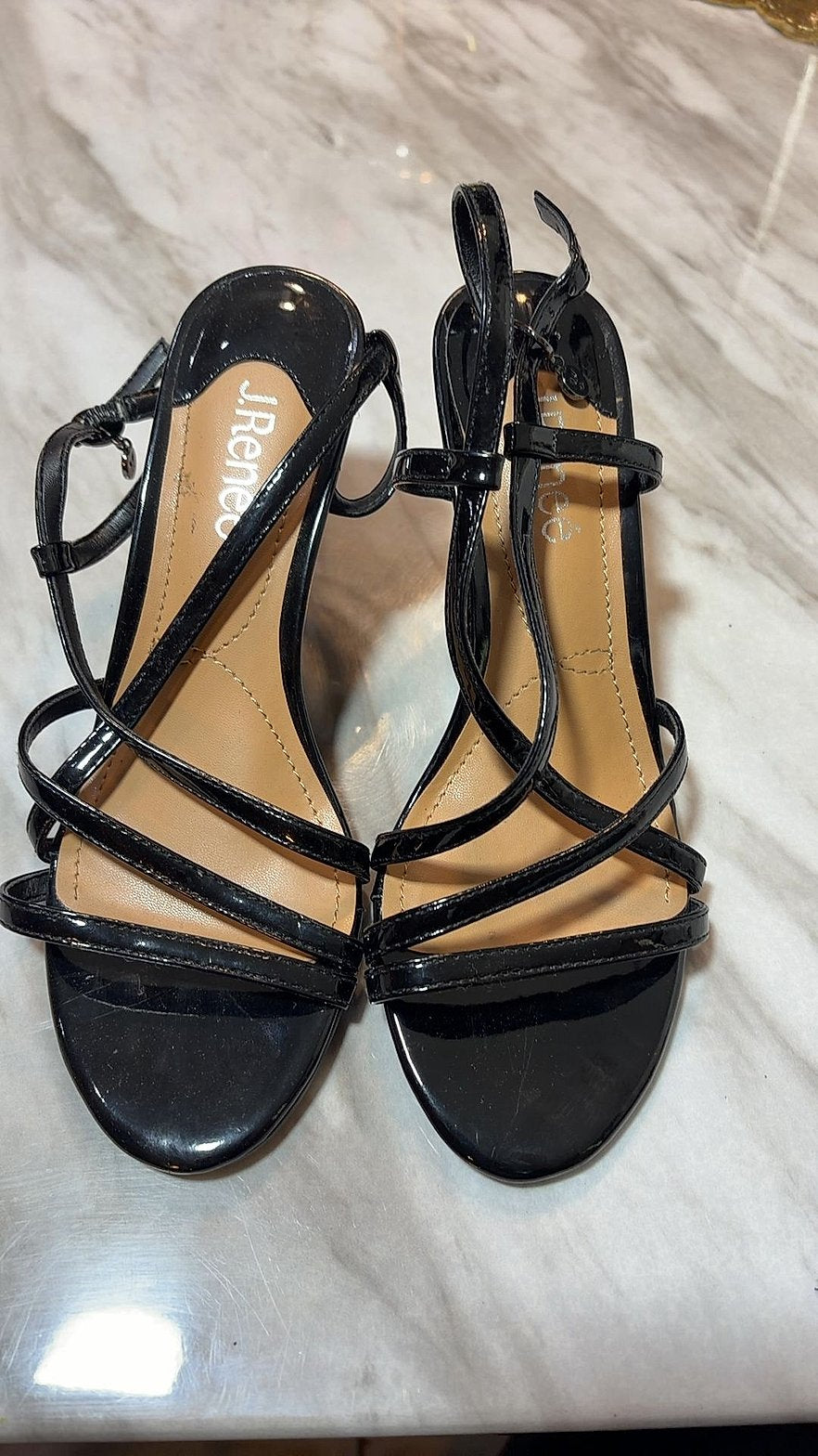 J. Renee Evangeline Strappy Patent Leather Heeled Sandals, Size 7N, Black