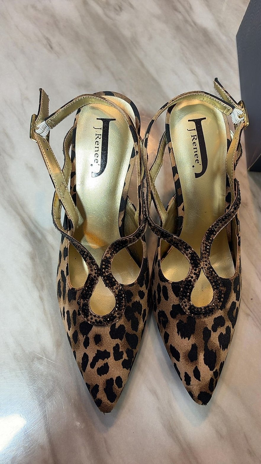 J. Renee Leopard Print Rhinestone Slingback Pointed-Toe Heels