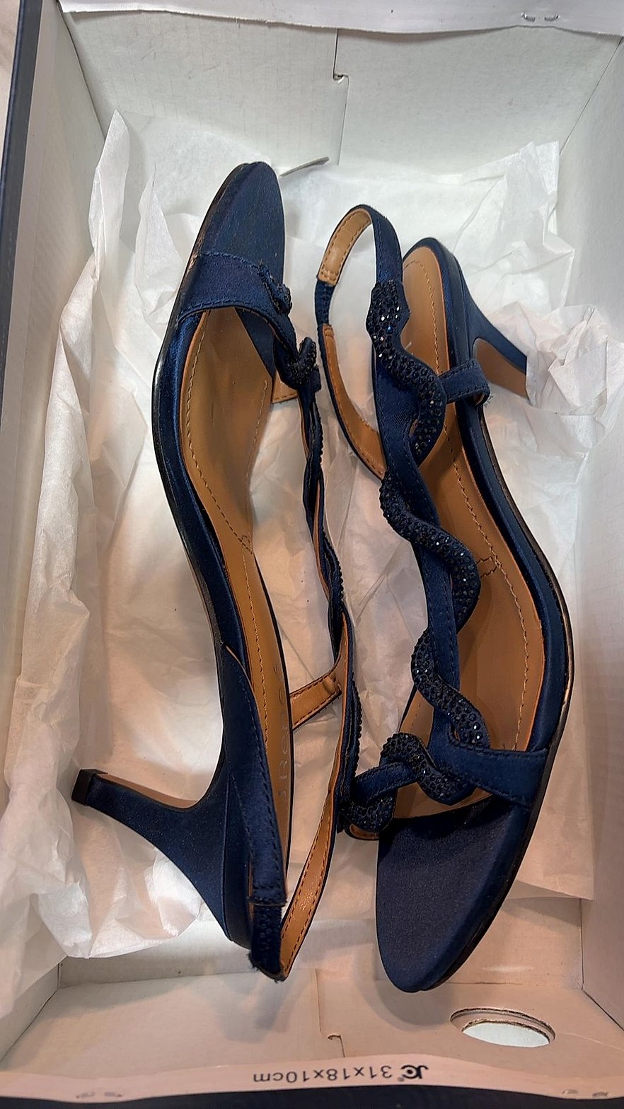J. Renee Navy Satin Rhinestone T-Strap Kitten Heel Slingback Sandals, Size 7M