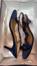 J. Renee Navy Satin Rhinestone T-Strap Kitten Heel Slingback Sandals, Size 7M