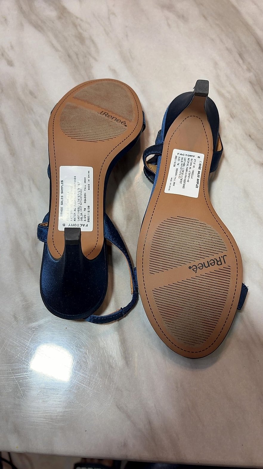 J. Renee Navy Satin Rhinestone T-Strap Kitten Heel Slingback Sandals, Size 7M