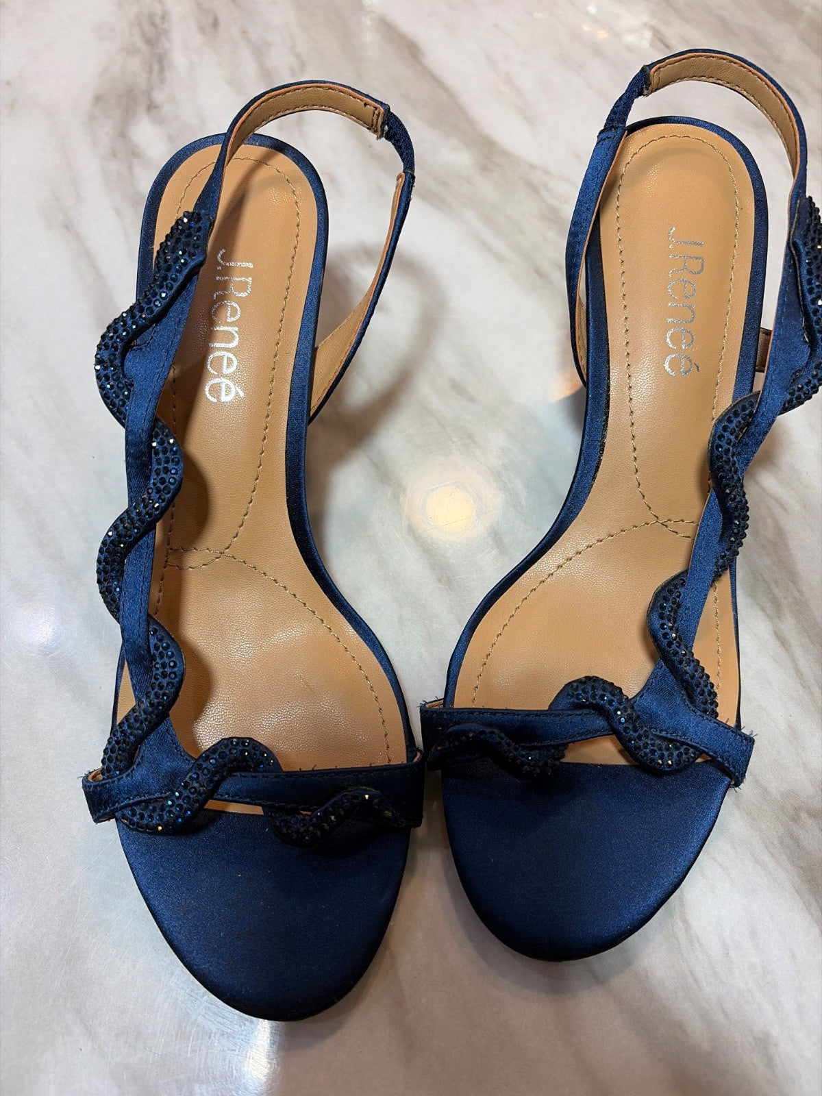 J. Renee Navy Satin Rhinestone T-Strap Kitten Heel Slingback Sandals, Size 7M