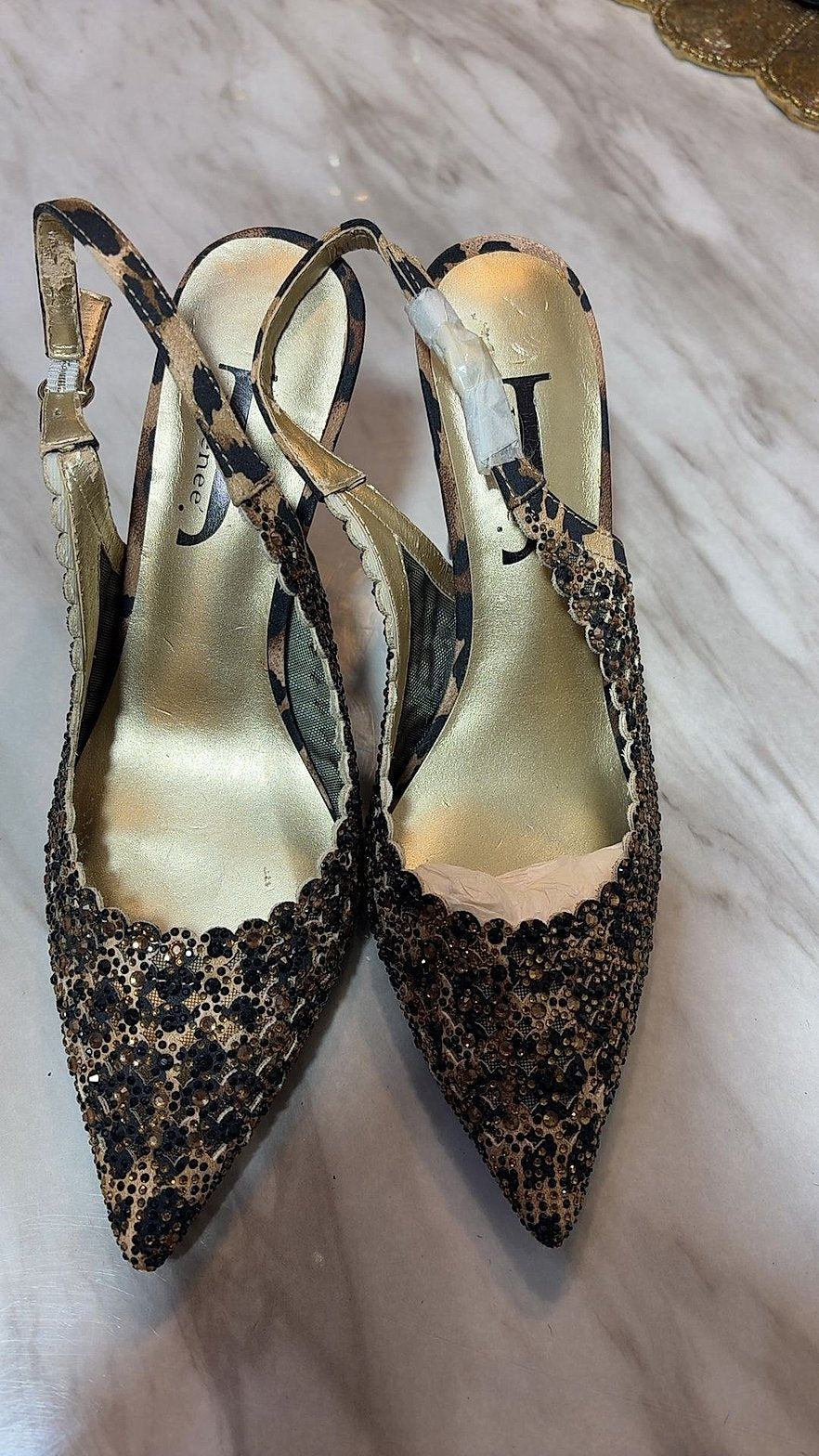 J. Renee Rhinestone-Embellished Leopard Print Slingback Kitten Heels, Size 7M