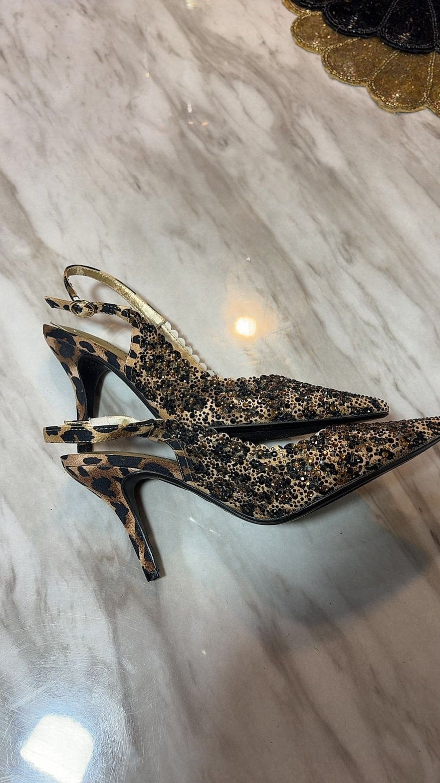 J. Renee Rhinestone-Embellished Leopard Print Slingback Kitten Heels, Size 7M