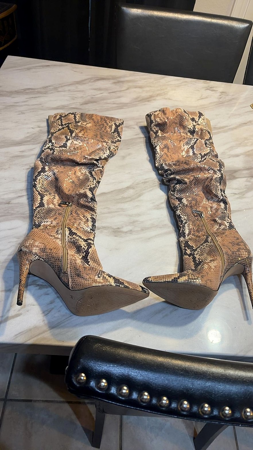 Jessica Simpson Snakeskin Print Slouchy Knee-High Stiletto Boots