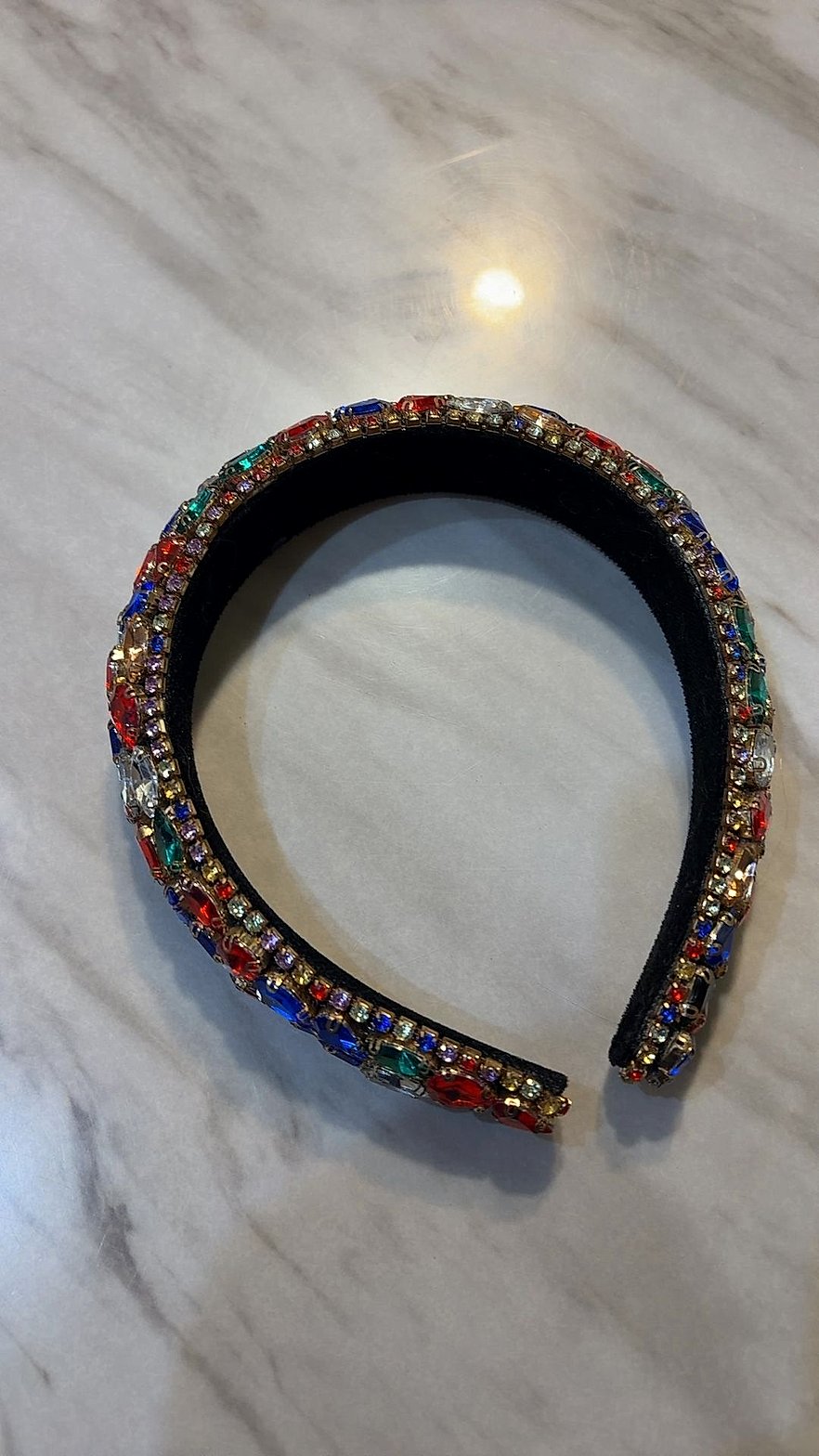 Jeweled Multicolor Rhinestone Padded Baroque Headband on Black Velvet
