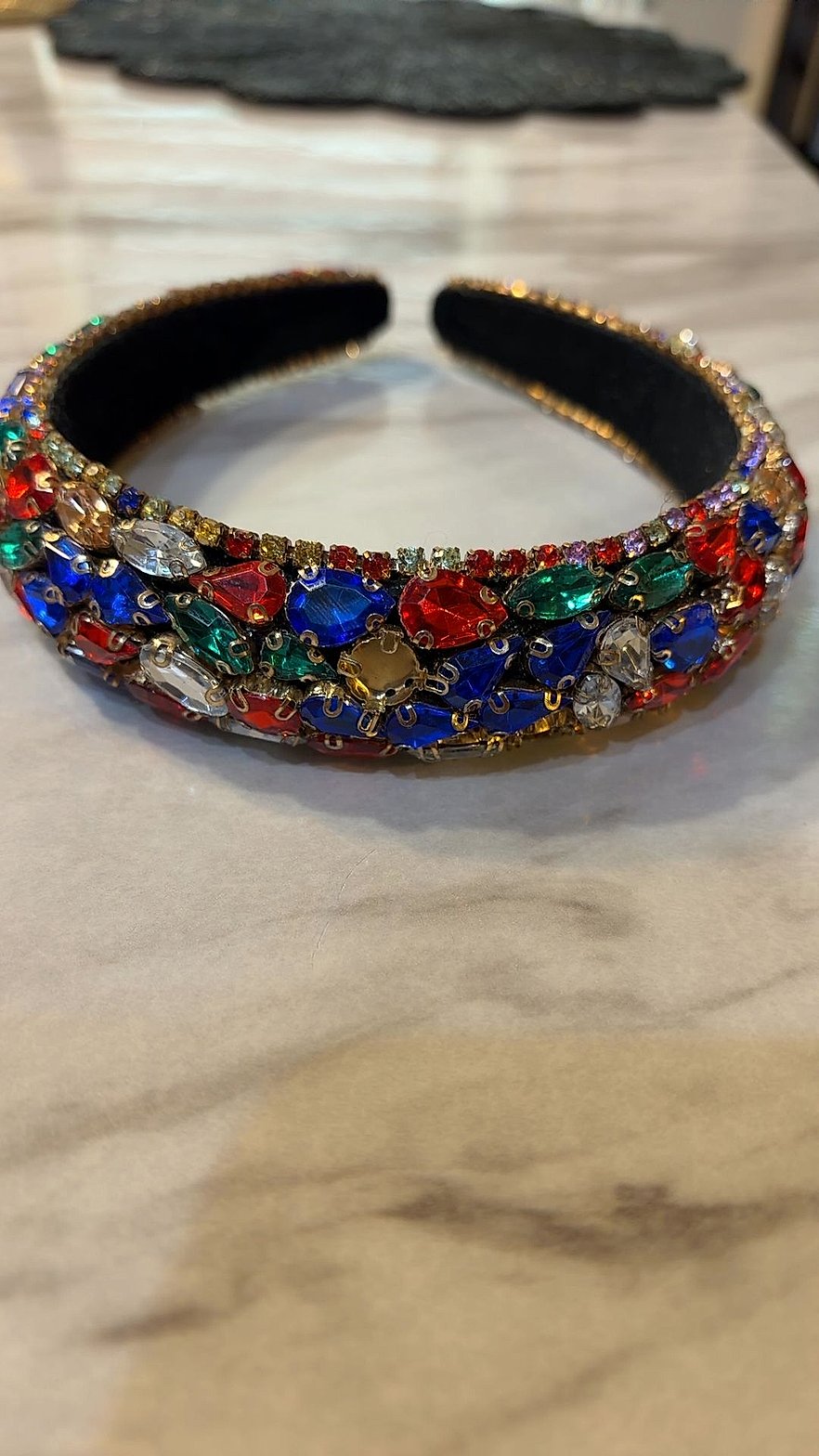 Jeweled Multicolor Rhinestone Padded Baroque Headband on Black Velvet