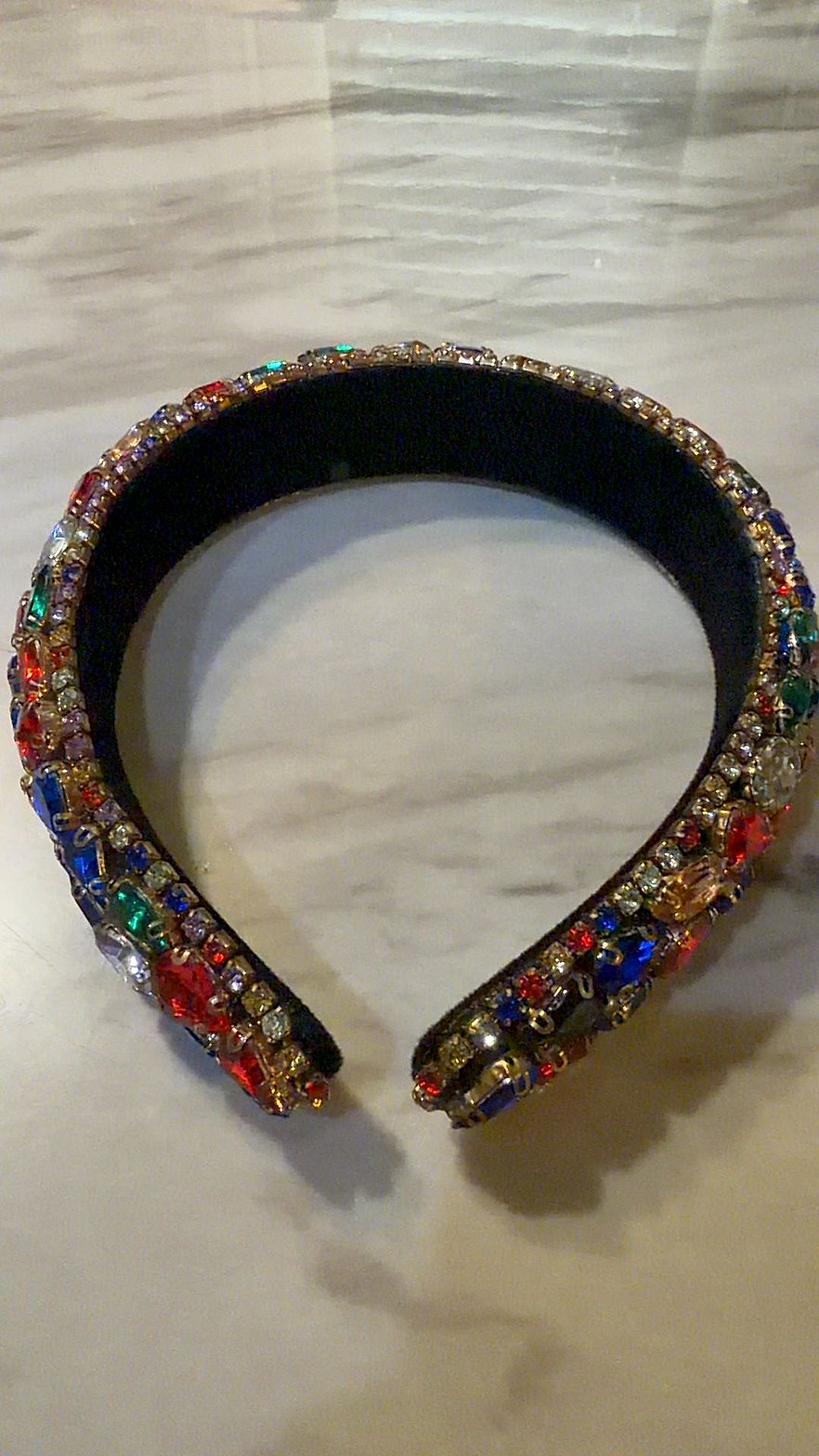 Jeweled Multicolor Rhinestone Padded Baroque Headband on Black Velvet