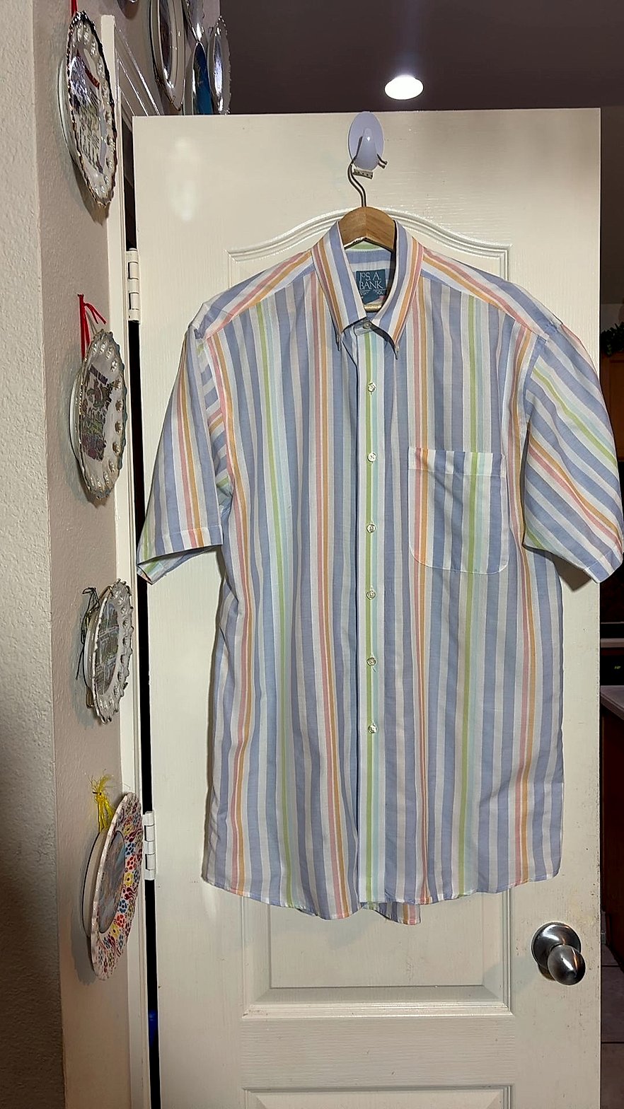 Jos. A. Bank Men's Short-Sleeve Multicolor Pastel Striped Button-Up Shirt