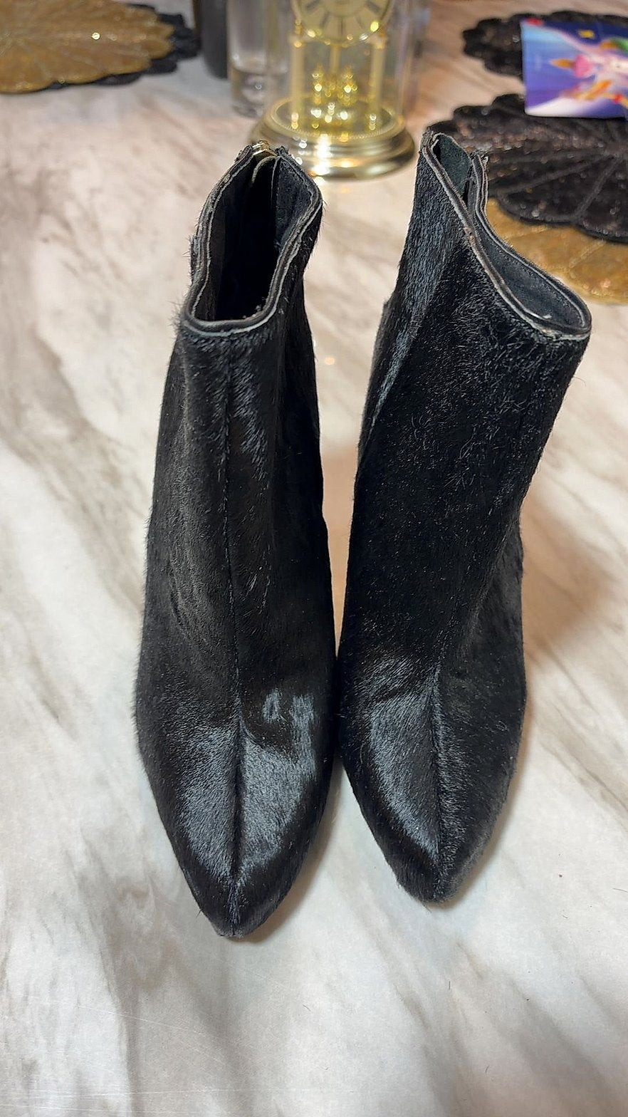 Juicy Couture Black Calf Hair Pointed-Toe Ankle Boots, Size 6M