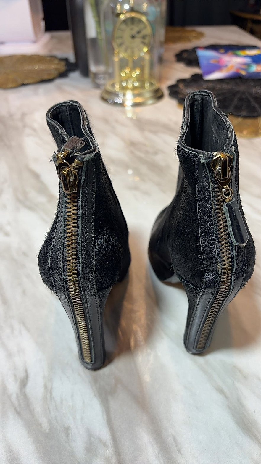 Juicy Couture Black Calf Hair Pointed-Toe Ankle Boots, Size 6M