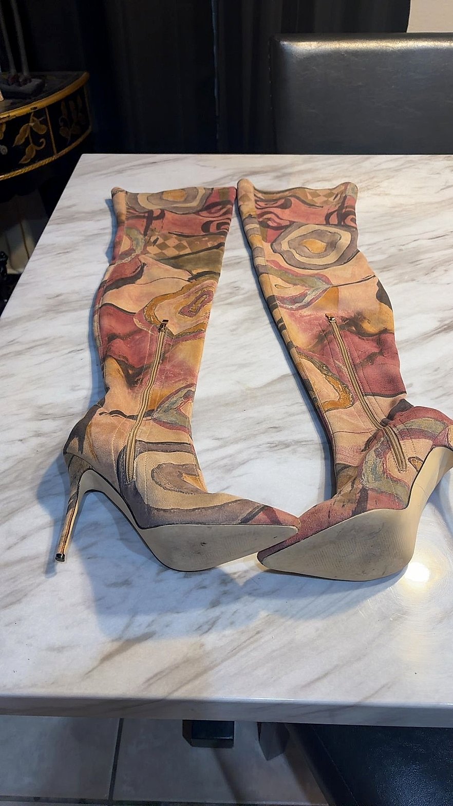Knee-High Stiletto Boots with Abstract Watercolor Print