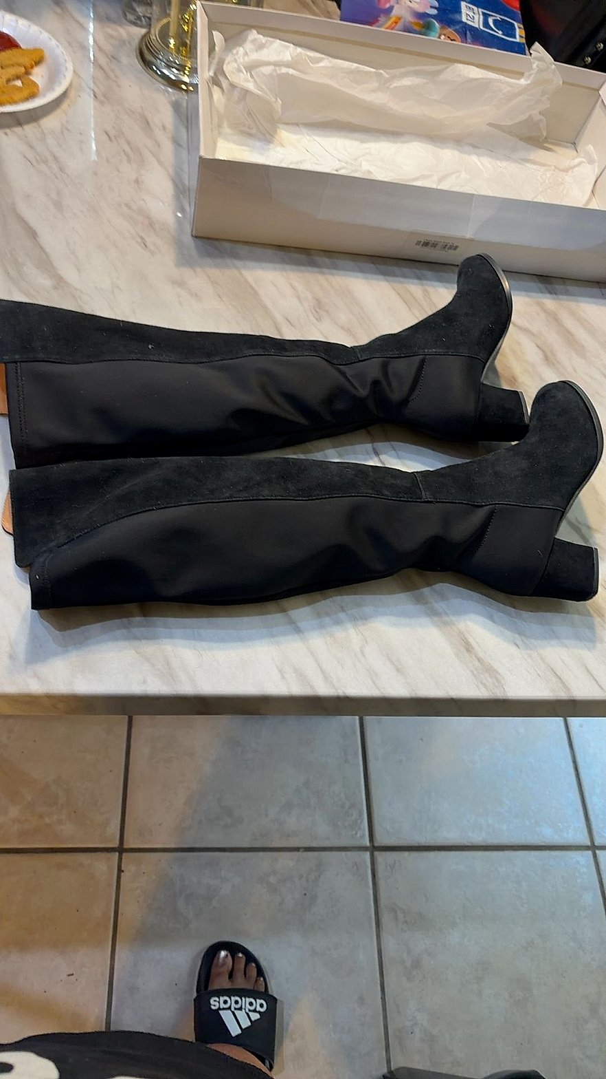 L'Amour Des Pieds Black Suede & Stretch Over-the-Knee Block Heel Boots, Size 6M