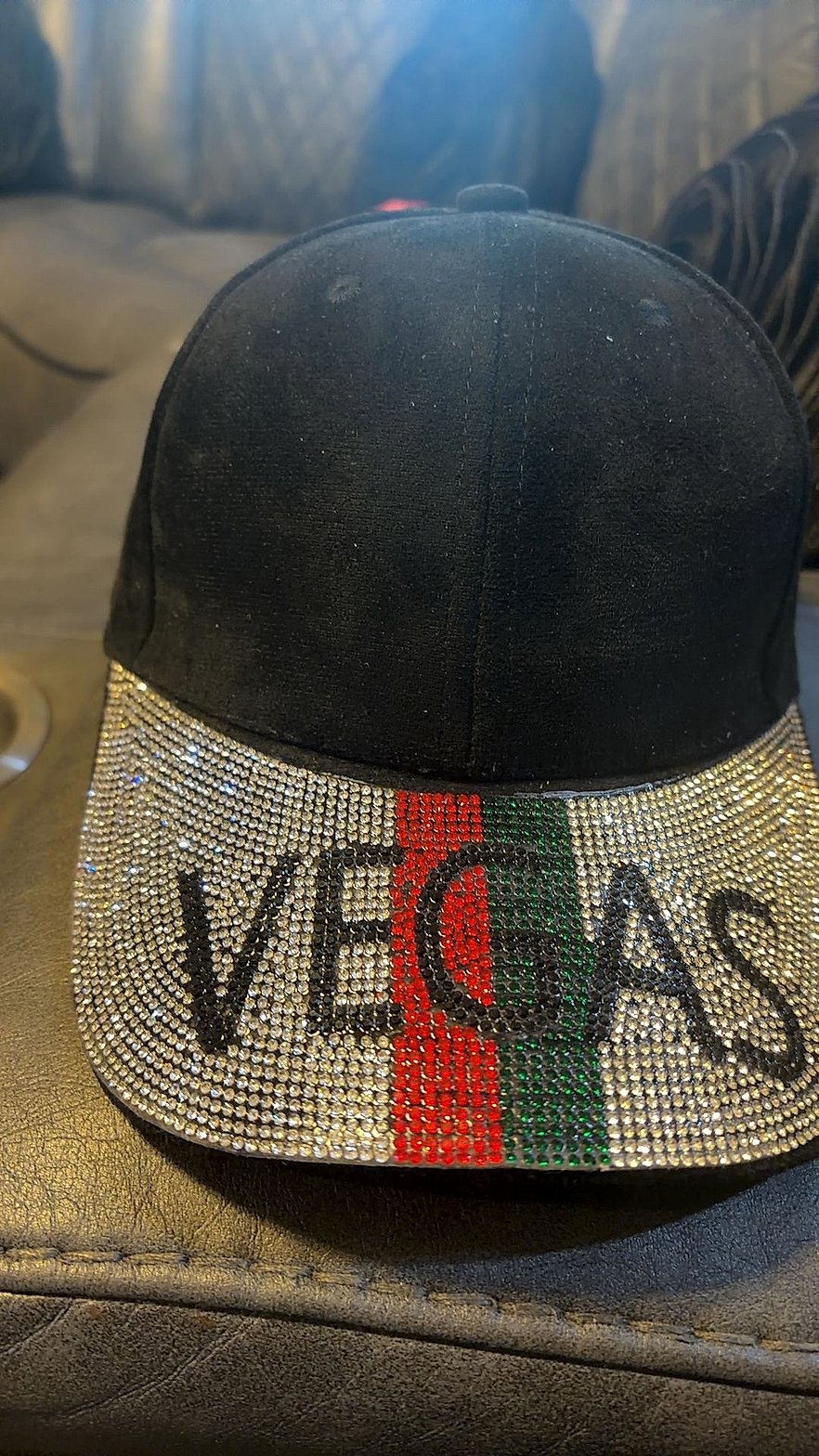 Las Vegas Rhinestone Bling Baseball Cap with Red/Green Stripe