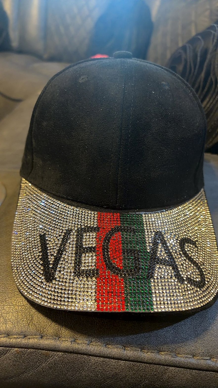 Las Vegas Rhinestone Bling Baseball Cap with Red/Green Stripe